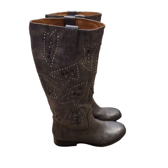 frye & co Pewter Distressed Leather Studded Phoenix Pull-on Cowboy Boots size 8 - Picture 4 of 9